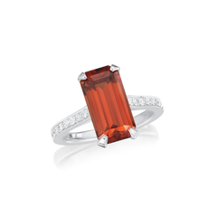 Emerald-Cut Garnet Platinum Ring with Diamond-Set Shoulders