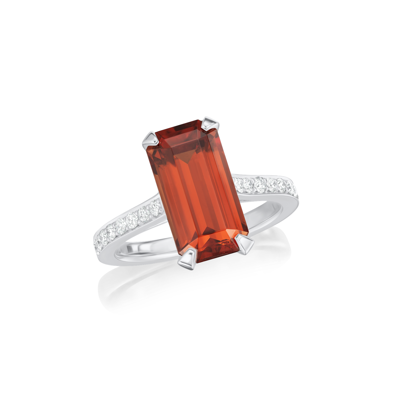 Emerald-Cut Garnet Platinum Ring with Diamond-Set Shoulders