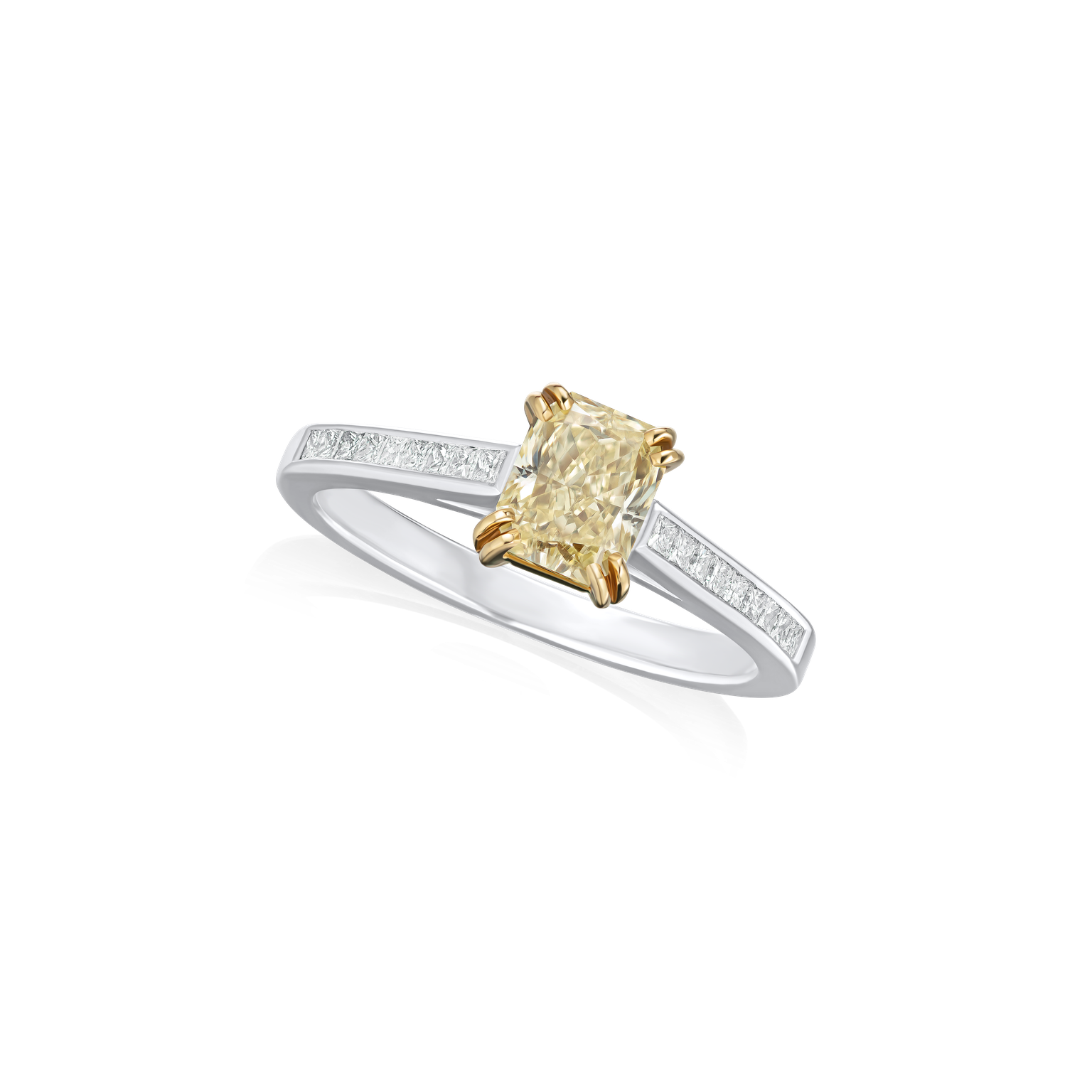 Natural Yellow Radiant Cut Diamond Ring with Diamond-Set Shoulders