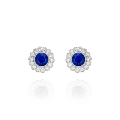 Round Sapphire and Diamond Cluster Earrings