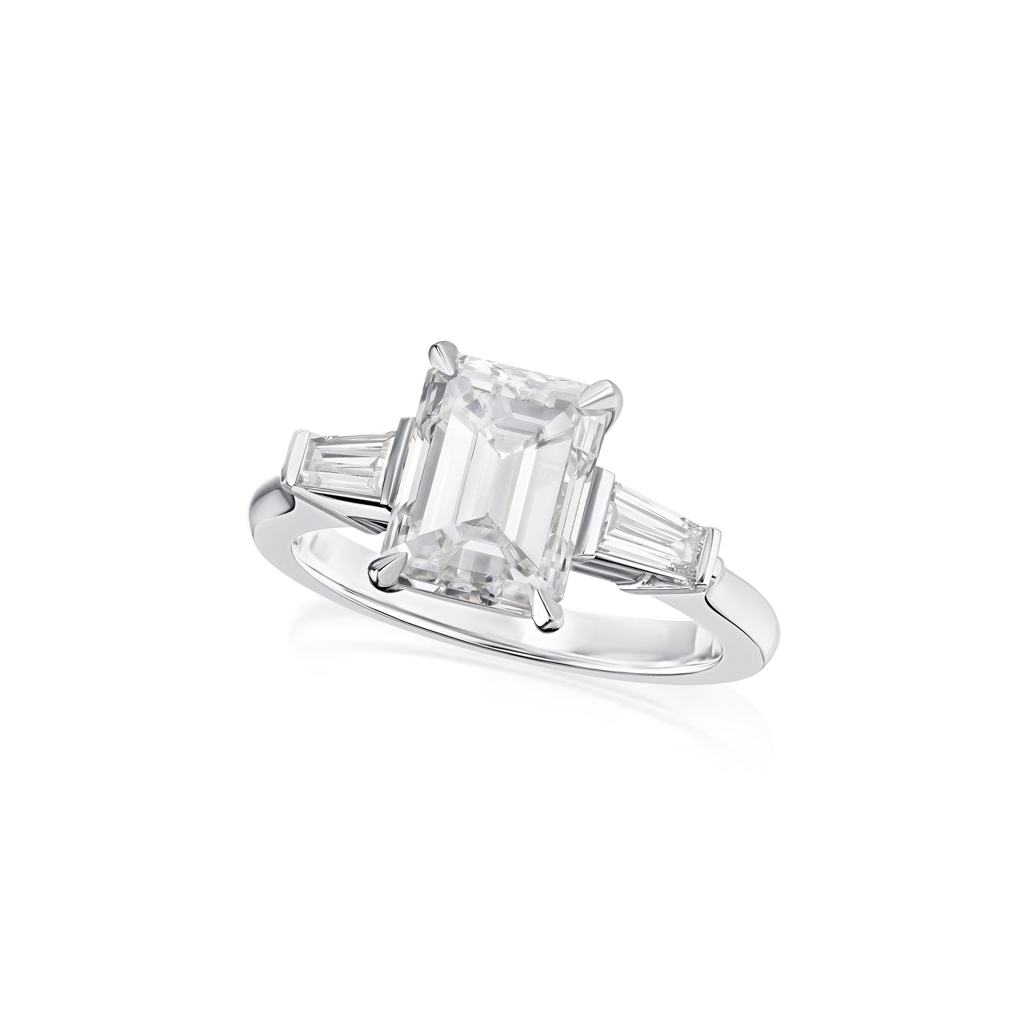 3.01cts Emerald Cut Diamond and Tapered Baguette Three Stone Ring