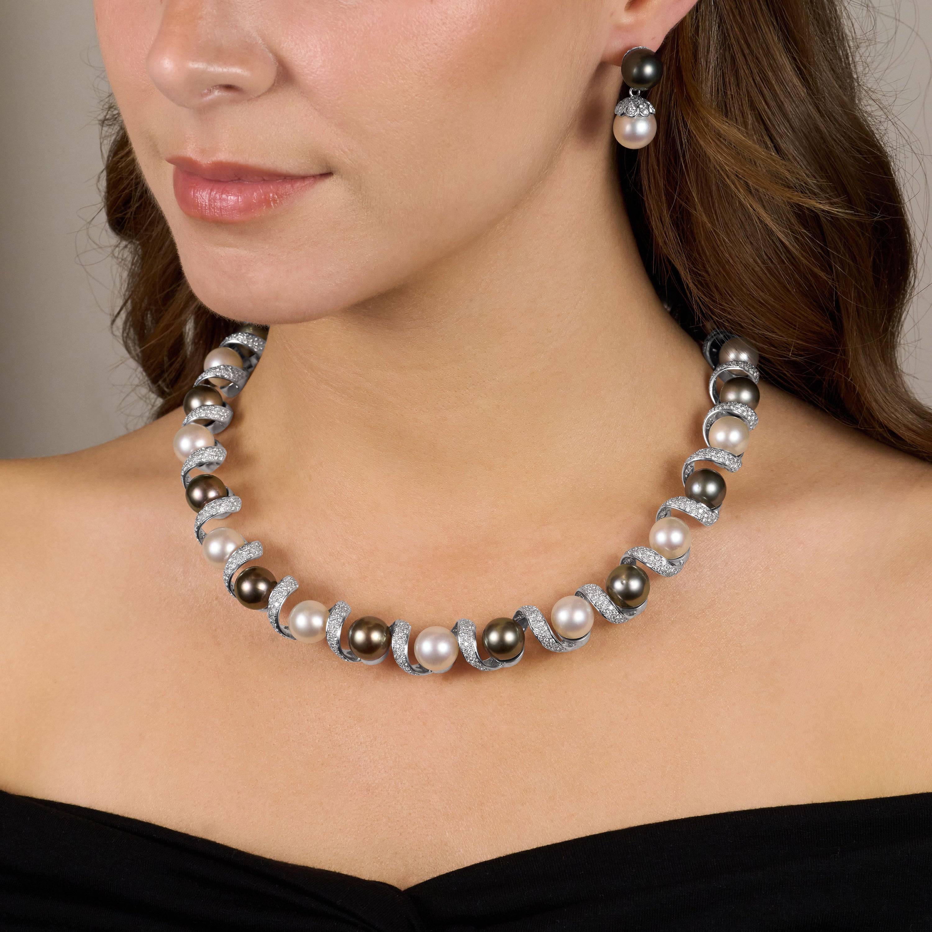 South Sea Cultured Pearl and Diamond Necklace and Earrings Suite