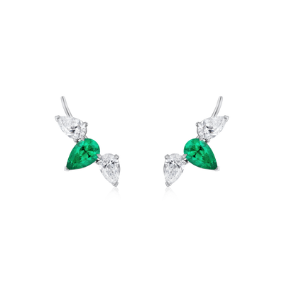 Platinum Pear Cut Diamond and Emerald Ear Cuffs