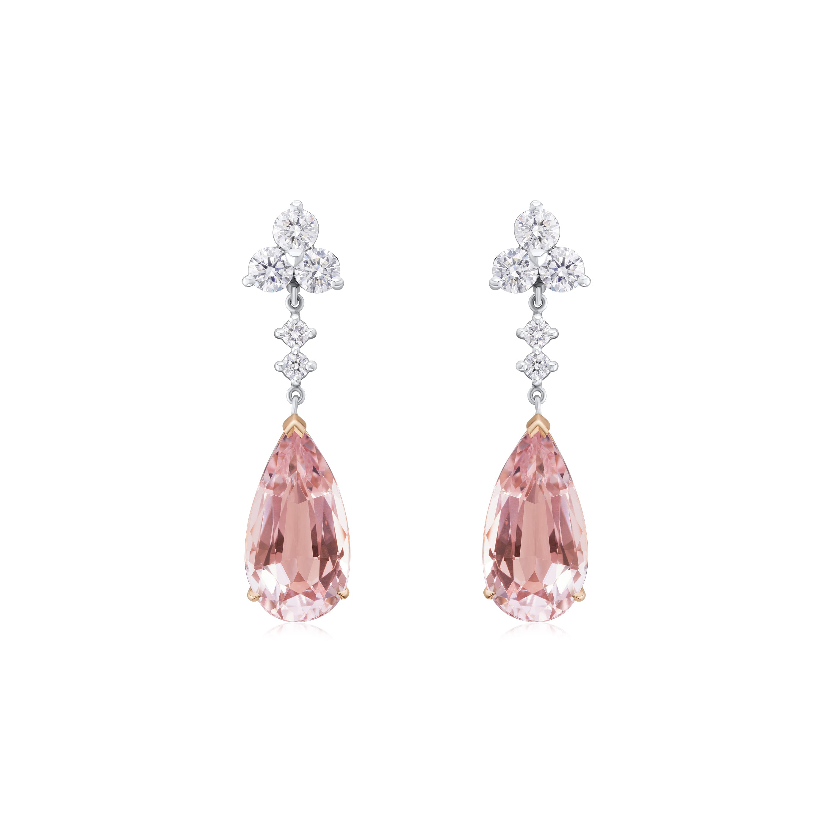 Pear Shape Morganite and Diamond Trefoil Drop Earrings