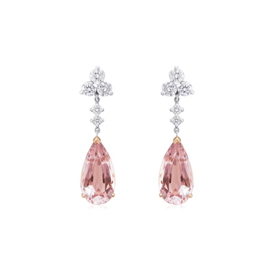 Pear Shape Morganite and Diamond Trefoil Drop Earrings