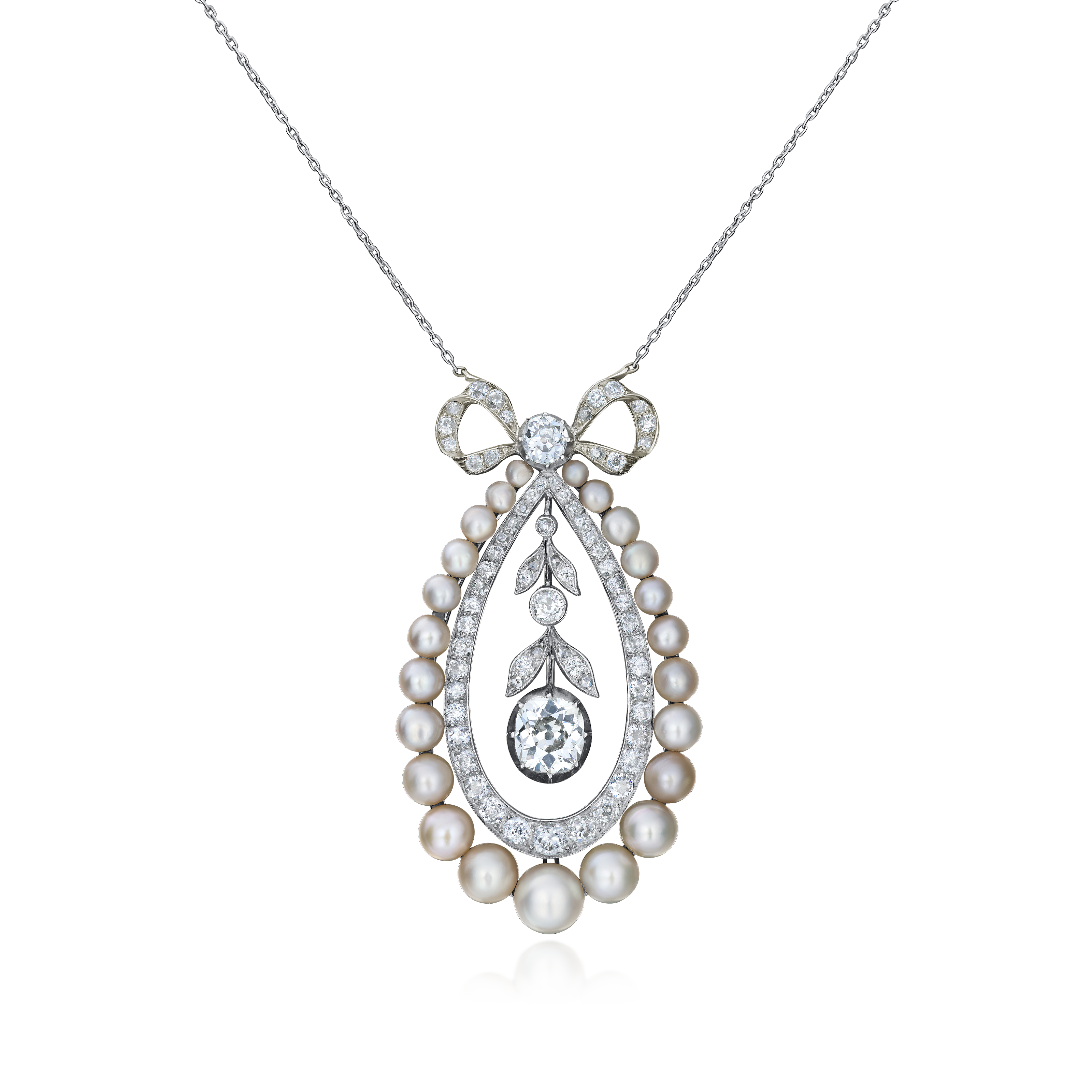 Graduated Natural Saltwater Pearl and Diamond Pendant