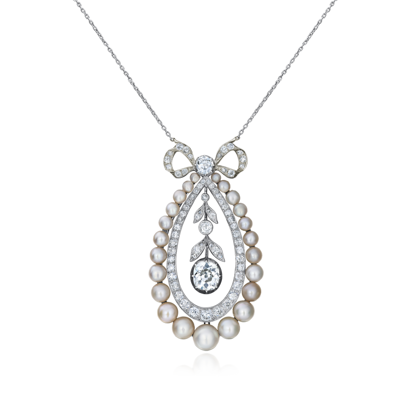 Graduated Natural Saltwater Pearl and Diamond Pendant