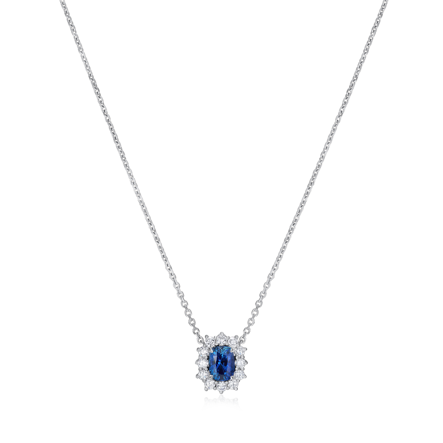 1.85cts Cushion Sapphire and Diamond Cluster Platinum Pendant