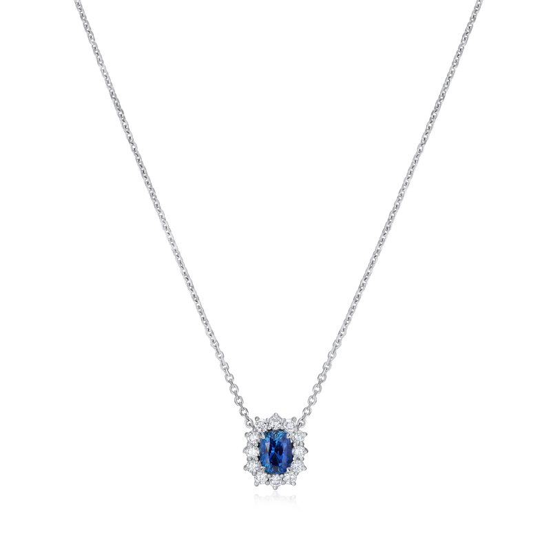 1.85cts Cushion Sapphire and Diamond Cluster Platinum Pendant