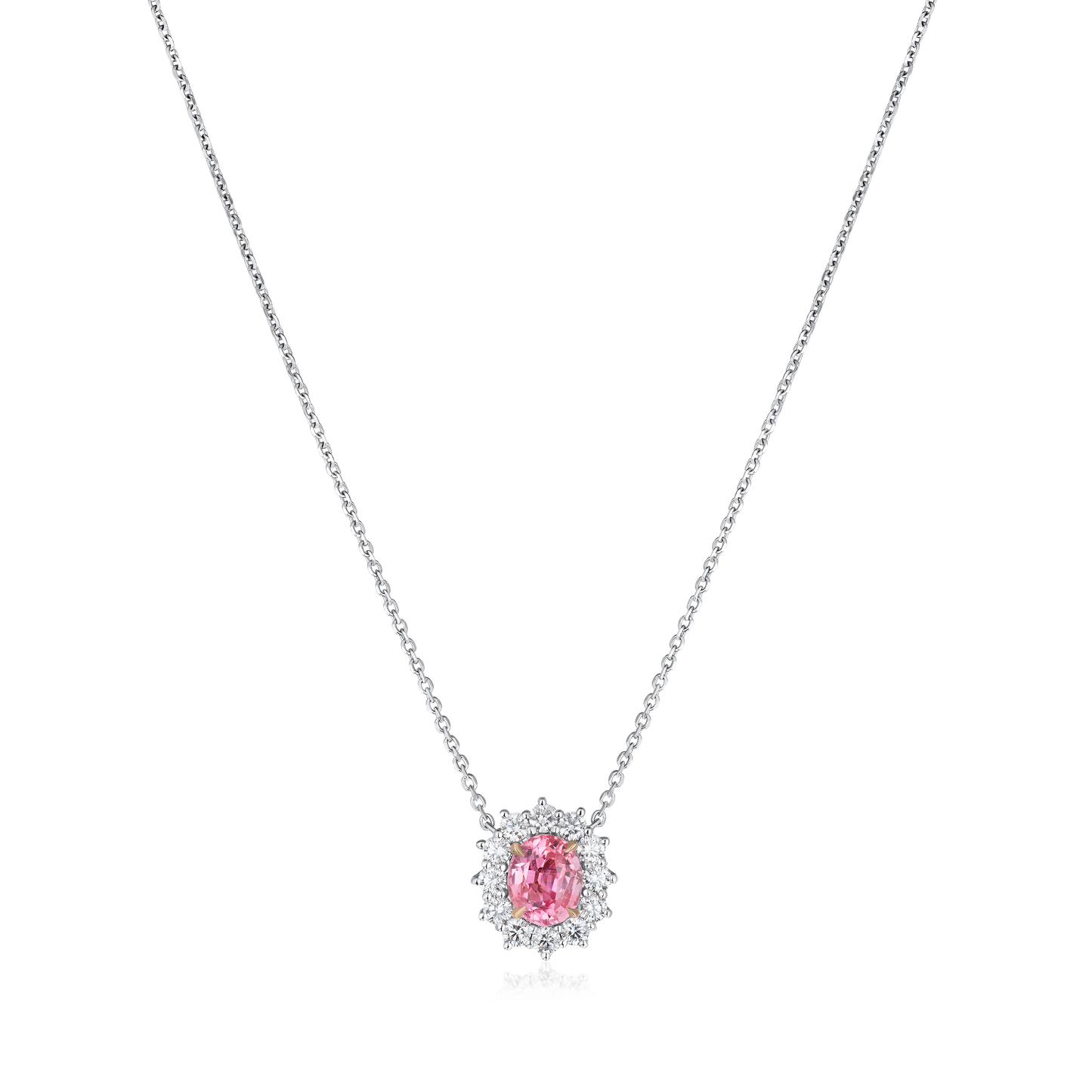 2.36cts Platinum Padparadscha Sapphire and Diamond Cluster Pendant