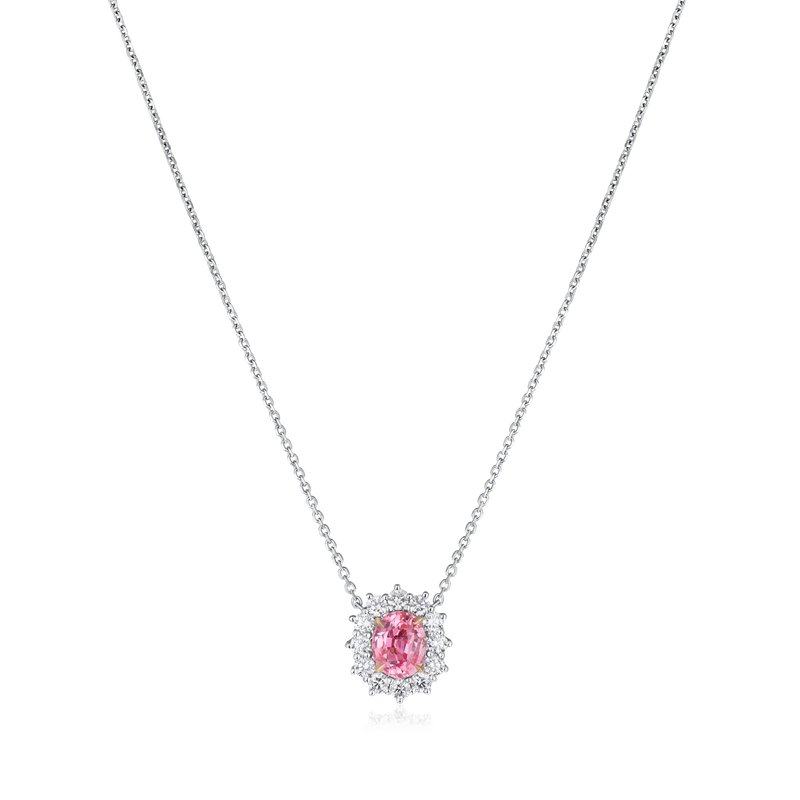 2.36cts Platinum Padparadscha Sapphire and Diamond Cluster Pendant