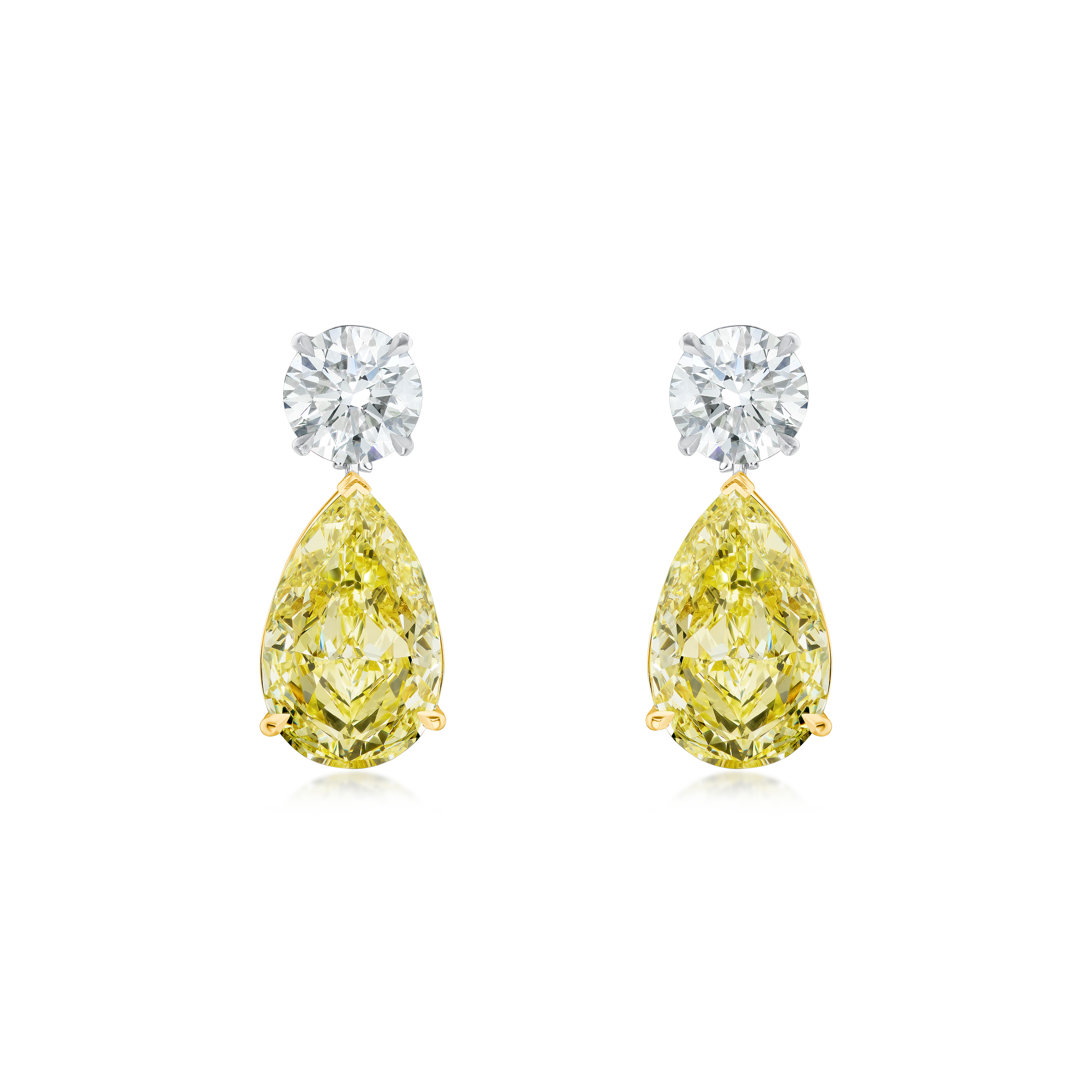 Round Brilliant Cut Diamond Stud Earrings with Pear Shape Yellow Diamond Drops