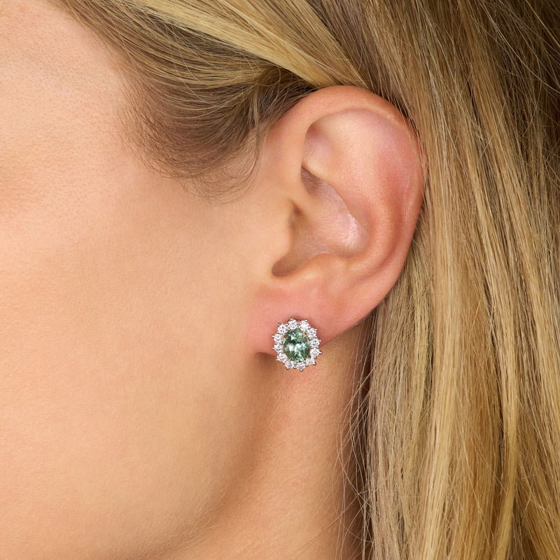 2.54cts Oval Mint Tourmaline and Diamond Cluster Earrings