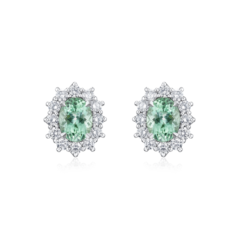 2.54cts Oval Mint Tourmaline and Diamond Cluster Earrings