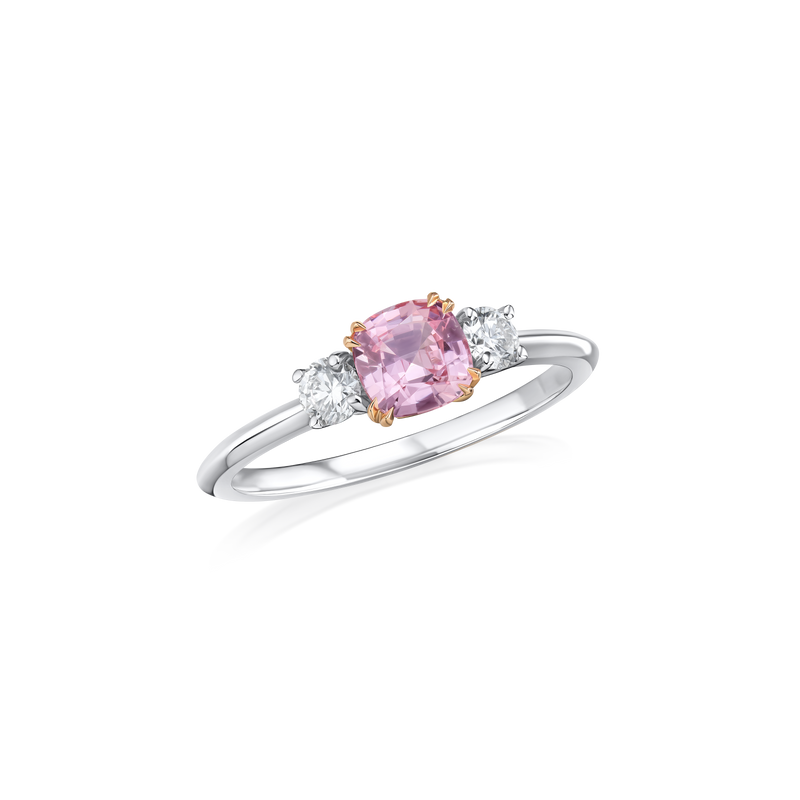 0.84ct Padparadscha Sapphire and Diamond Three Stone Ring