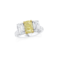 Cushion Cut Yellow and White Diamond Three Stone Ring 2.01/1.84cts