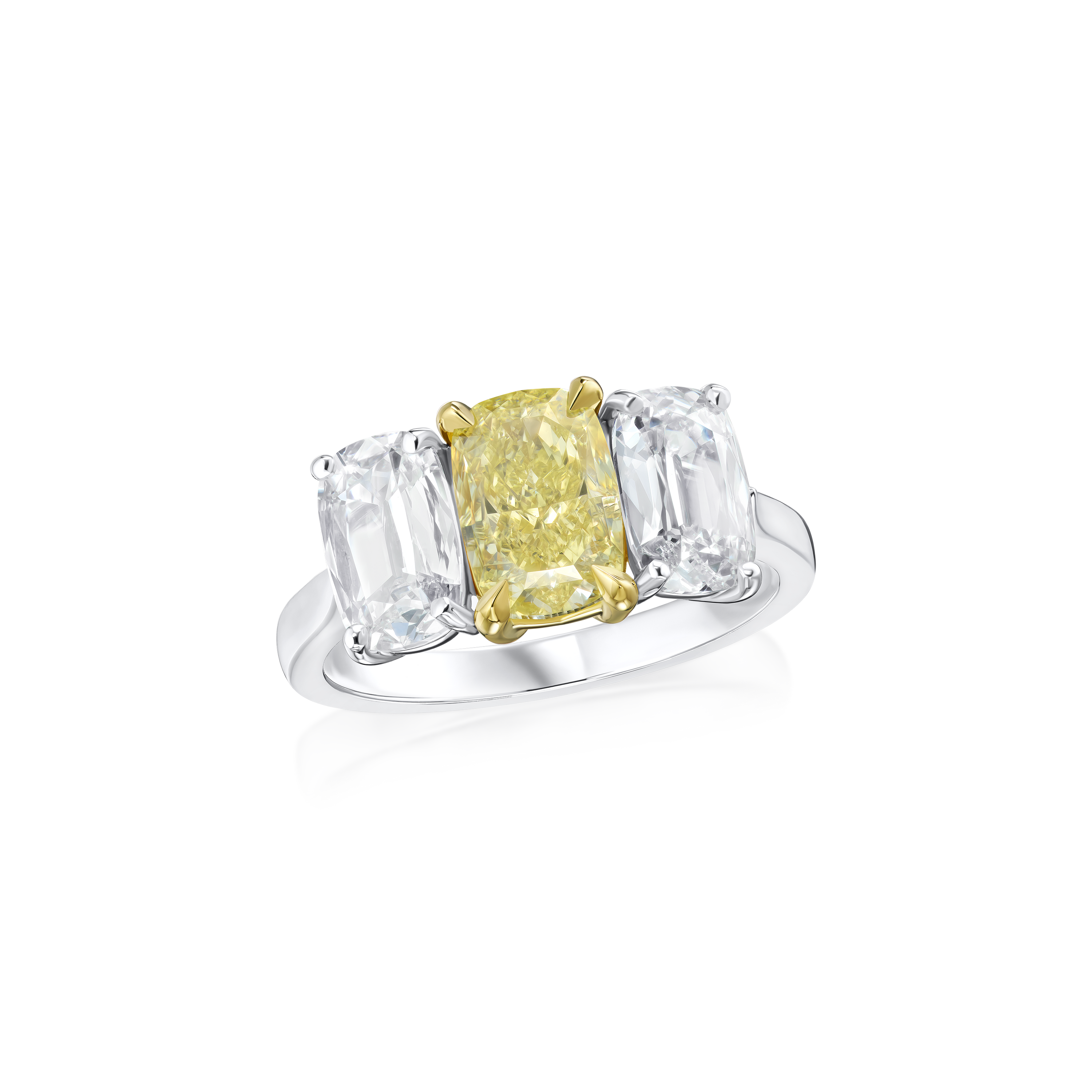 Cushion Cut Yellow and White Diamond Three Stone Ring 2.01/1.84cts