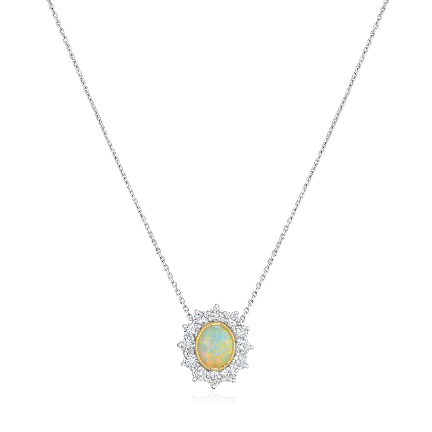 1.25cts 18ct Yellow Gold Oval Opal and Platinum Diamond Cluster Pendant