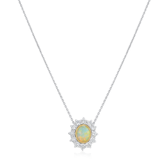 1.25cts 18ct Yellow Gold Oval Opal and Platinum Diamond Cluster Pendant