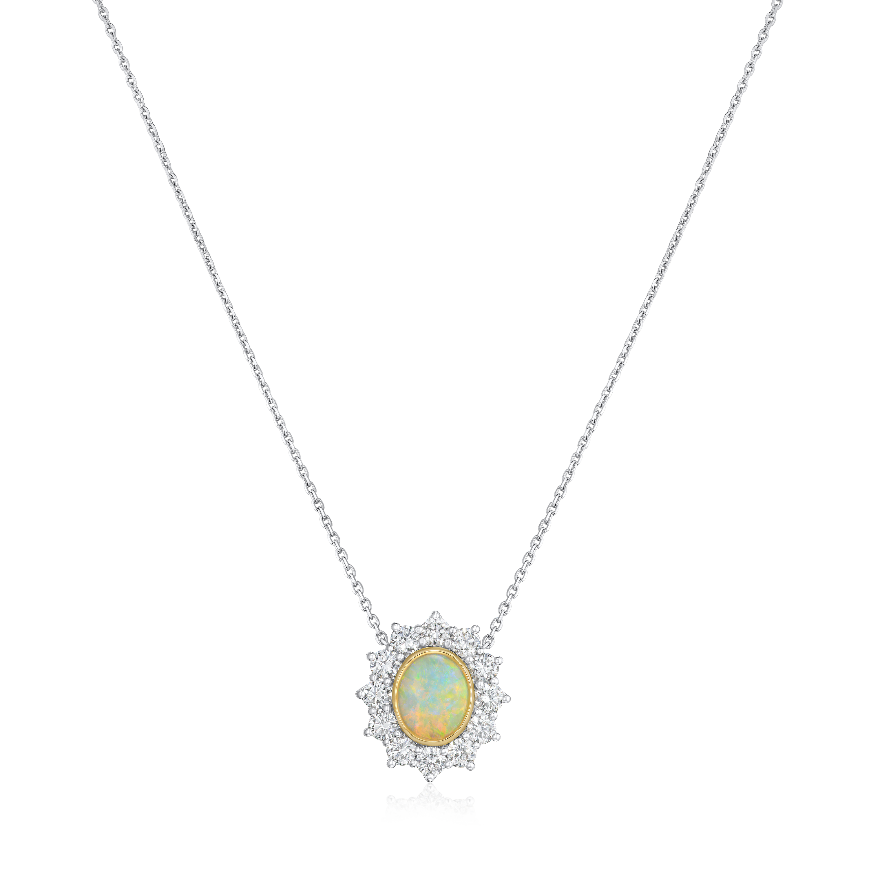 1.25cts 18ct Yellow Gold Oval Opal and Platinum Diamond Cluster Pendant