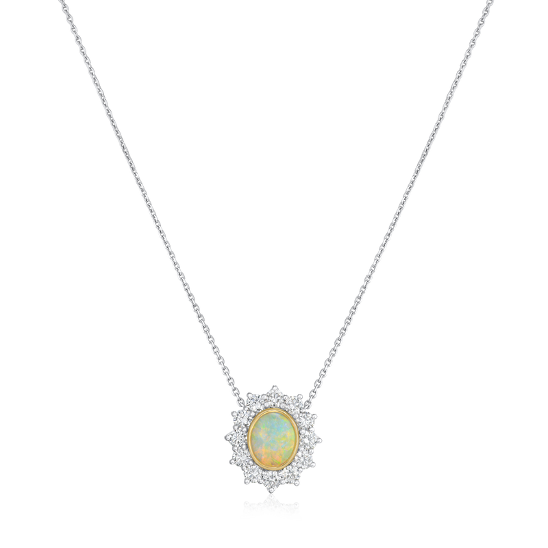 1.25cts 18ct Yellow Gold Oval Opal and Platinum Diamond Cluster Pendant