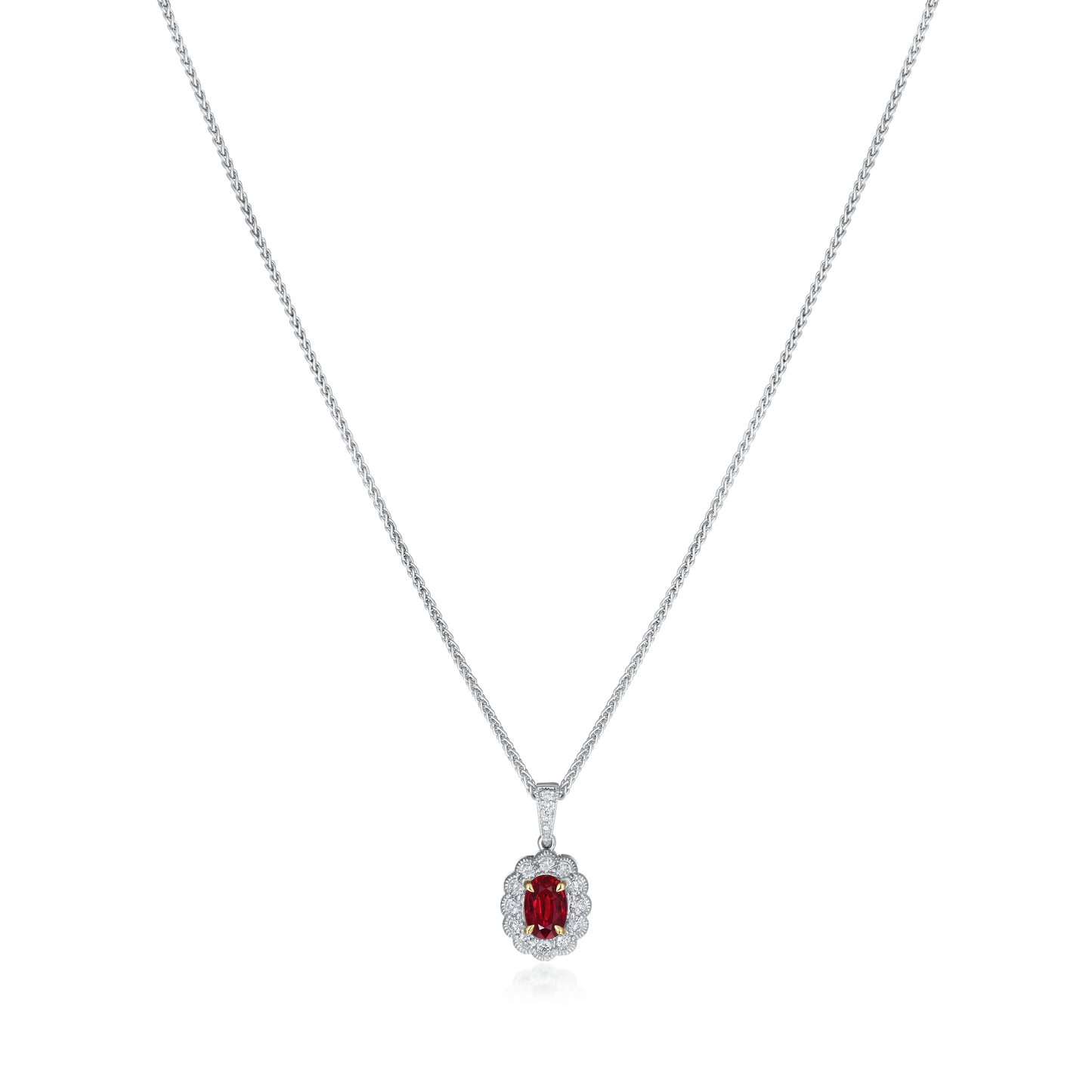 18ct White Gold Ruby and Diamond Cluster Pendant