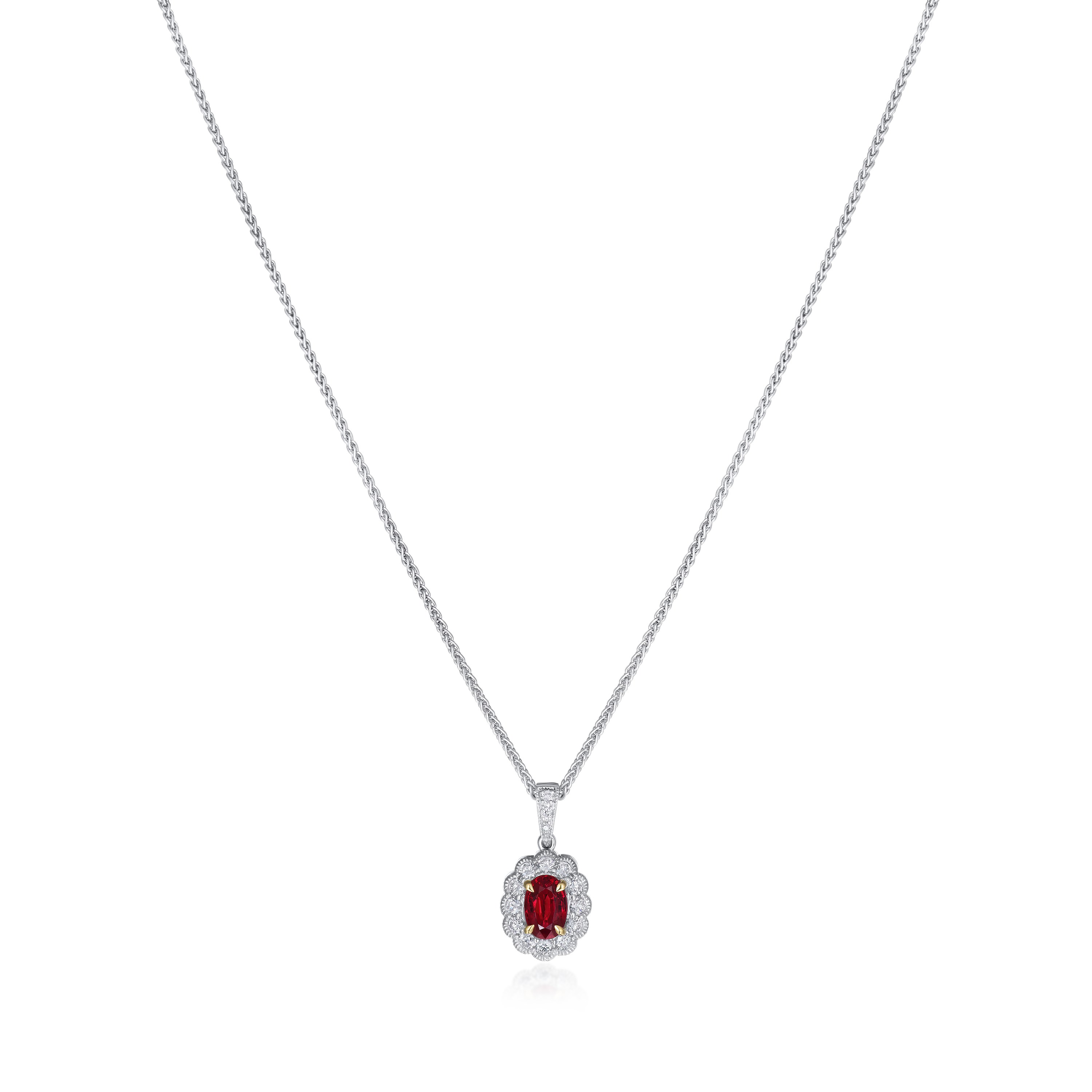 18ct White Gold Ruby and Diamond Cluster Pendant