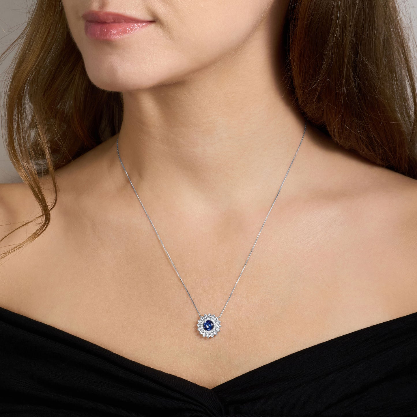 1.43cts Platinum Round Sapphire and Diamond Double Cluster Pendant