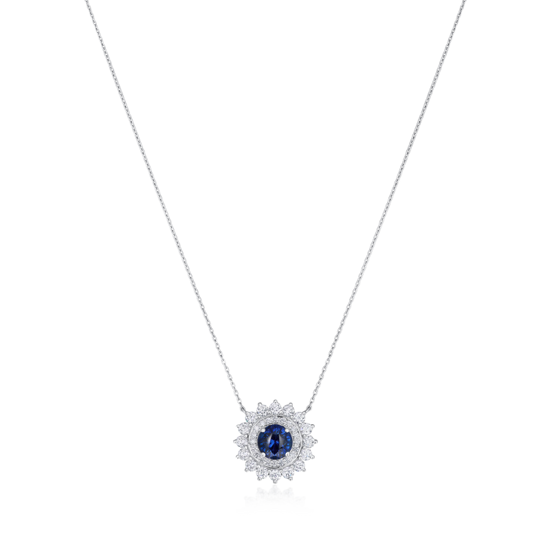 1.43cts Platinum Round Sapphire and Diamond Double Cluster Pendant