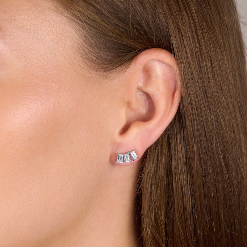 Three Stone Emerald Cut Diamond Stud