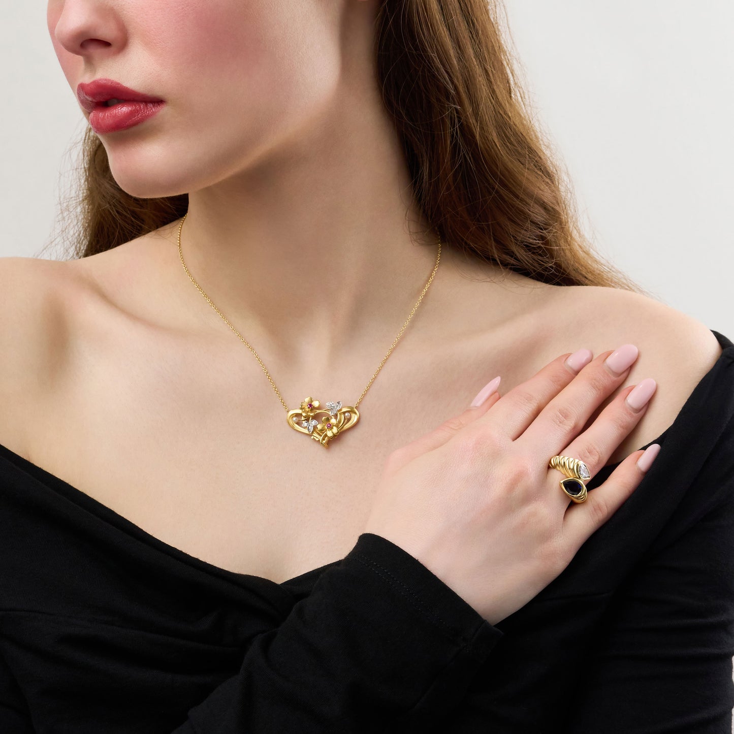 Art Nouveau Pearl, Ruby and Diamond Flower Pendant