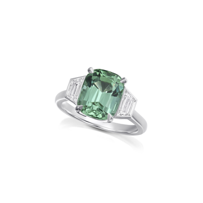 4.11cts Mint Tourmaline and Diamond Three Stone Ring