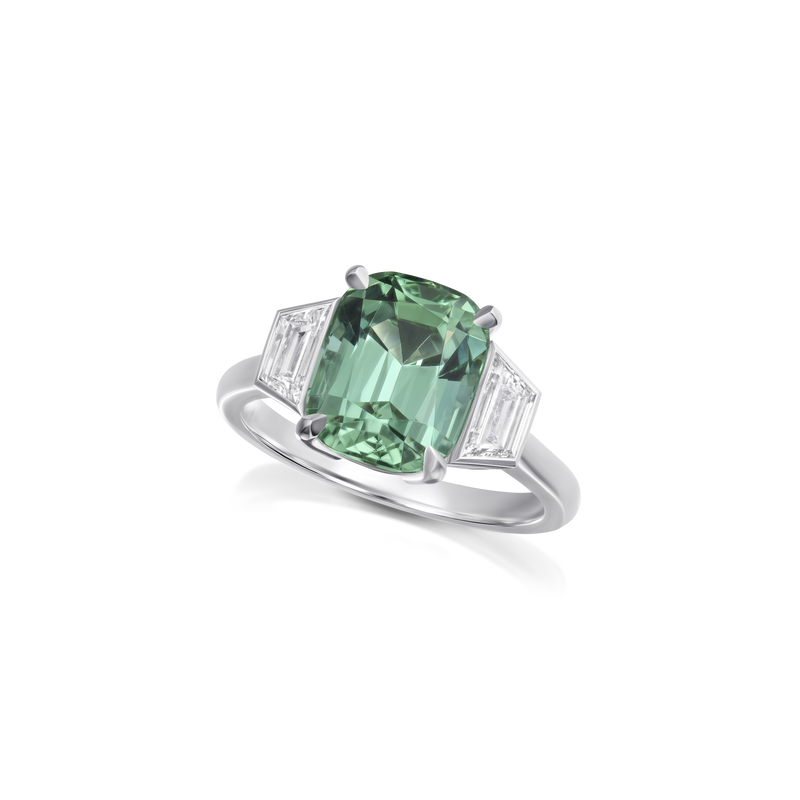 4.11cts Mint Tourmaline and Diamond Three Stone Ring