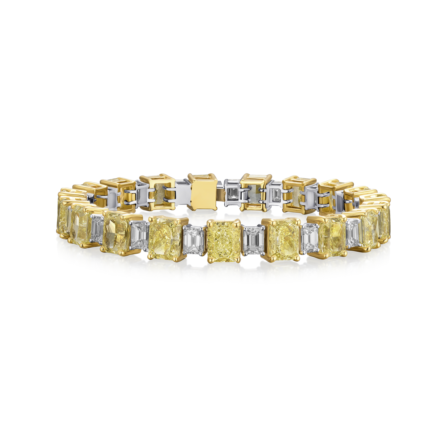 22.42cts Radiant Cut yellow Diamond and Emerald Cut Diamond Line Bracelet