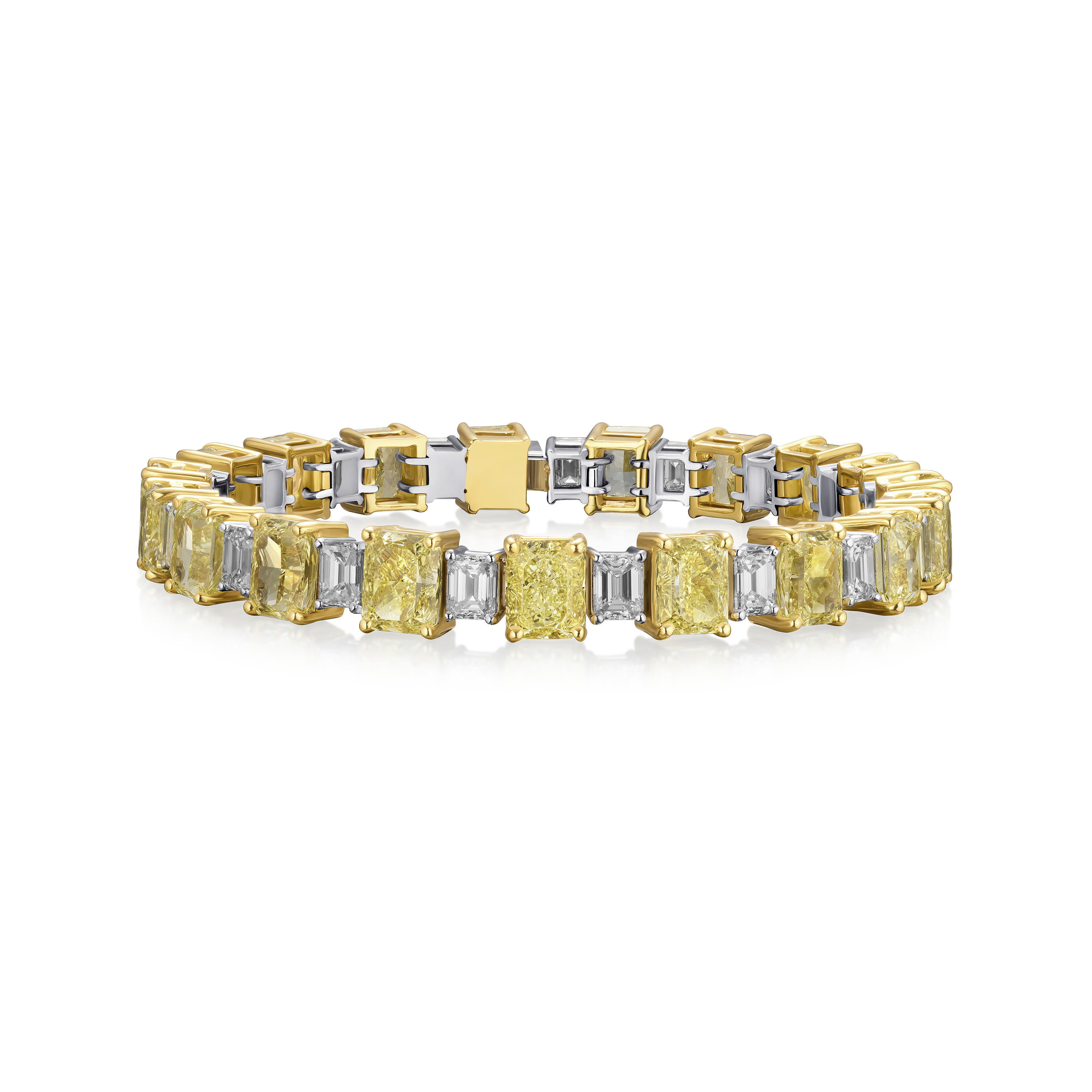 22.42cts Radiant Cut yellow Diamond and Emerald Cut Diamond Line Bracelet