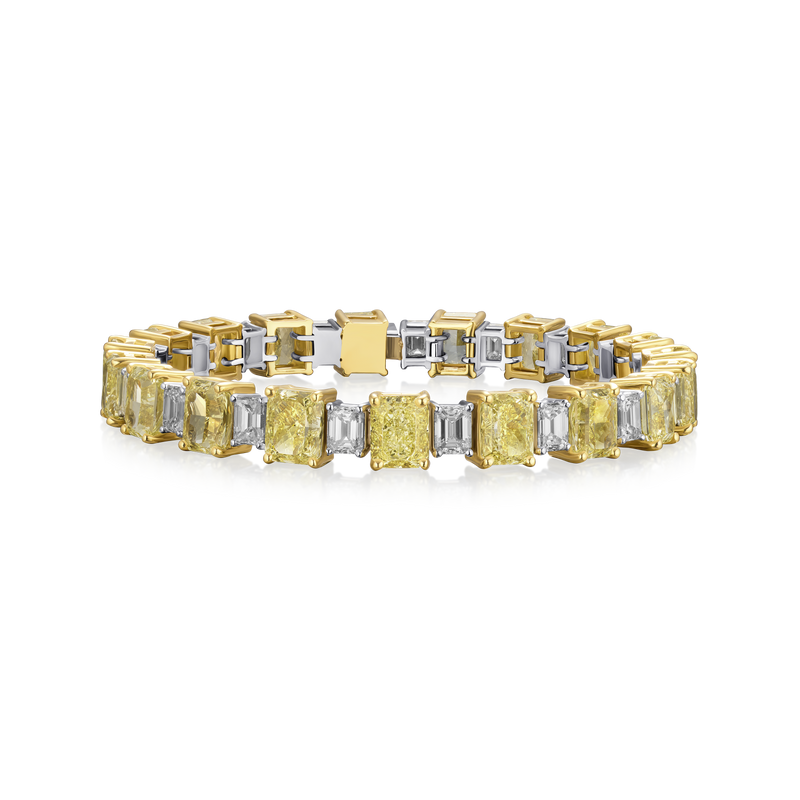 22.42cts Radiant Cut yellow Diamond and Emerald Cut Diamond Line Bracelet
