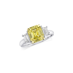 3.02cts Emerald Cut Fancy Vivid Yellow Diamond Three Stone Ring