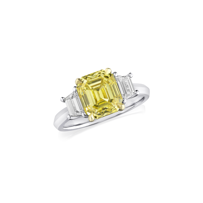 3.02cts Emerald Cut Fancy Vivid Yellow Diamond Three Stone Ring