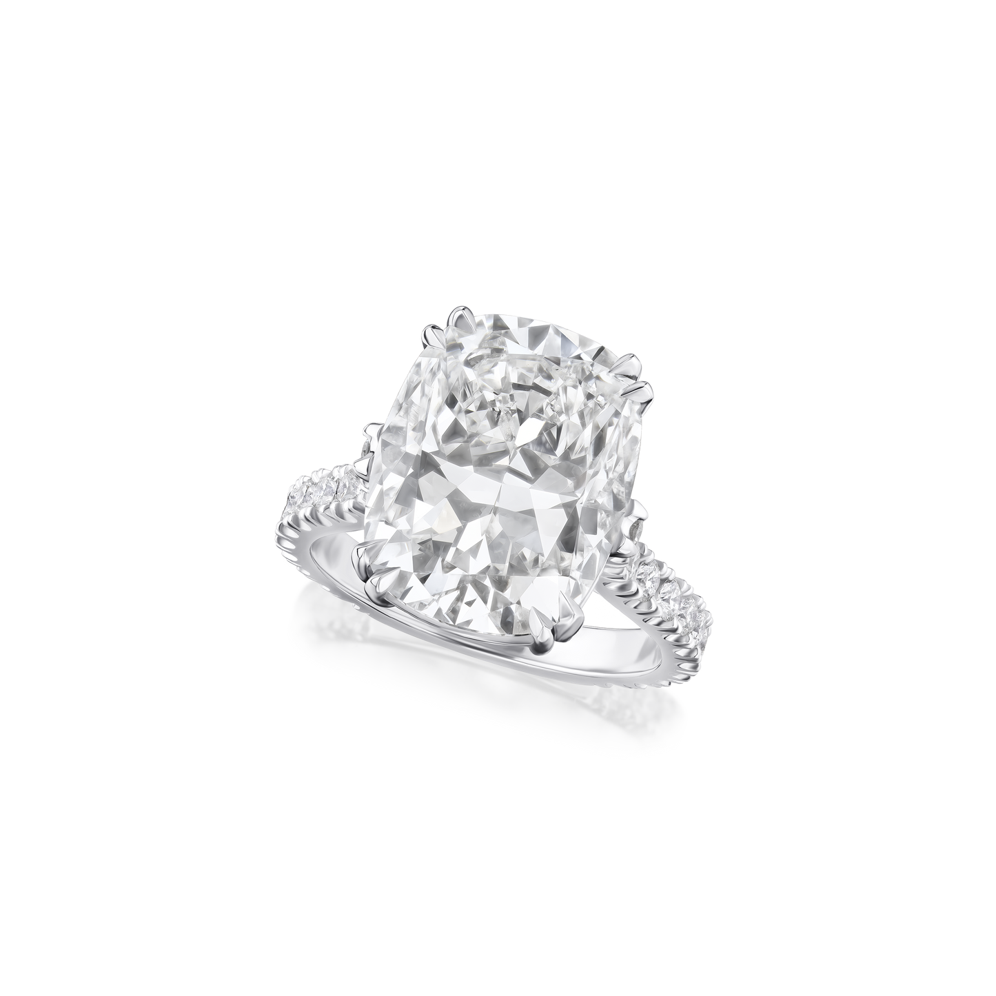 8.02cts Cushion Cut Diamond Ring With Diamond Set Shoulders and Bezels