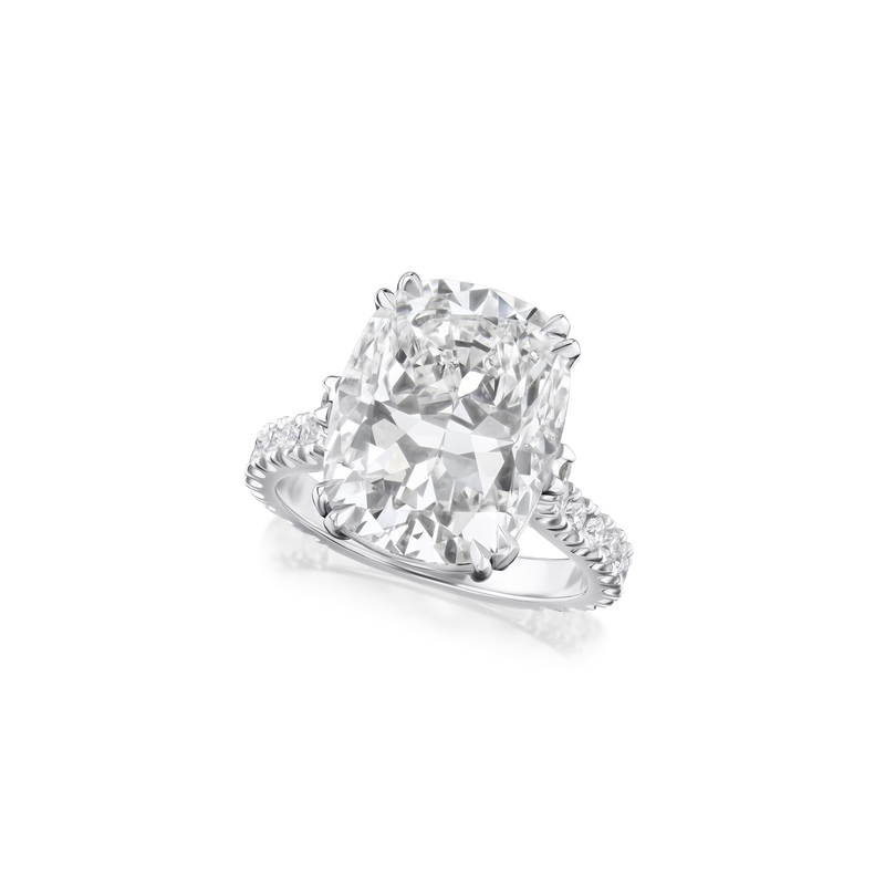 8.02cts Cushion Cut Diamond Ring With Diamond Set Shoulders and Bezels