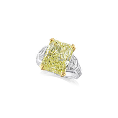 9.56cts Radiant Cut Yellow Diamond Three Stone Ring