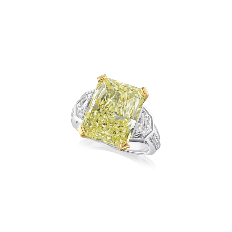 9.56cts Radiant Cut Yellow Diamond Three Stone Ring