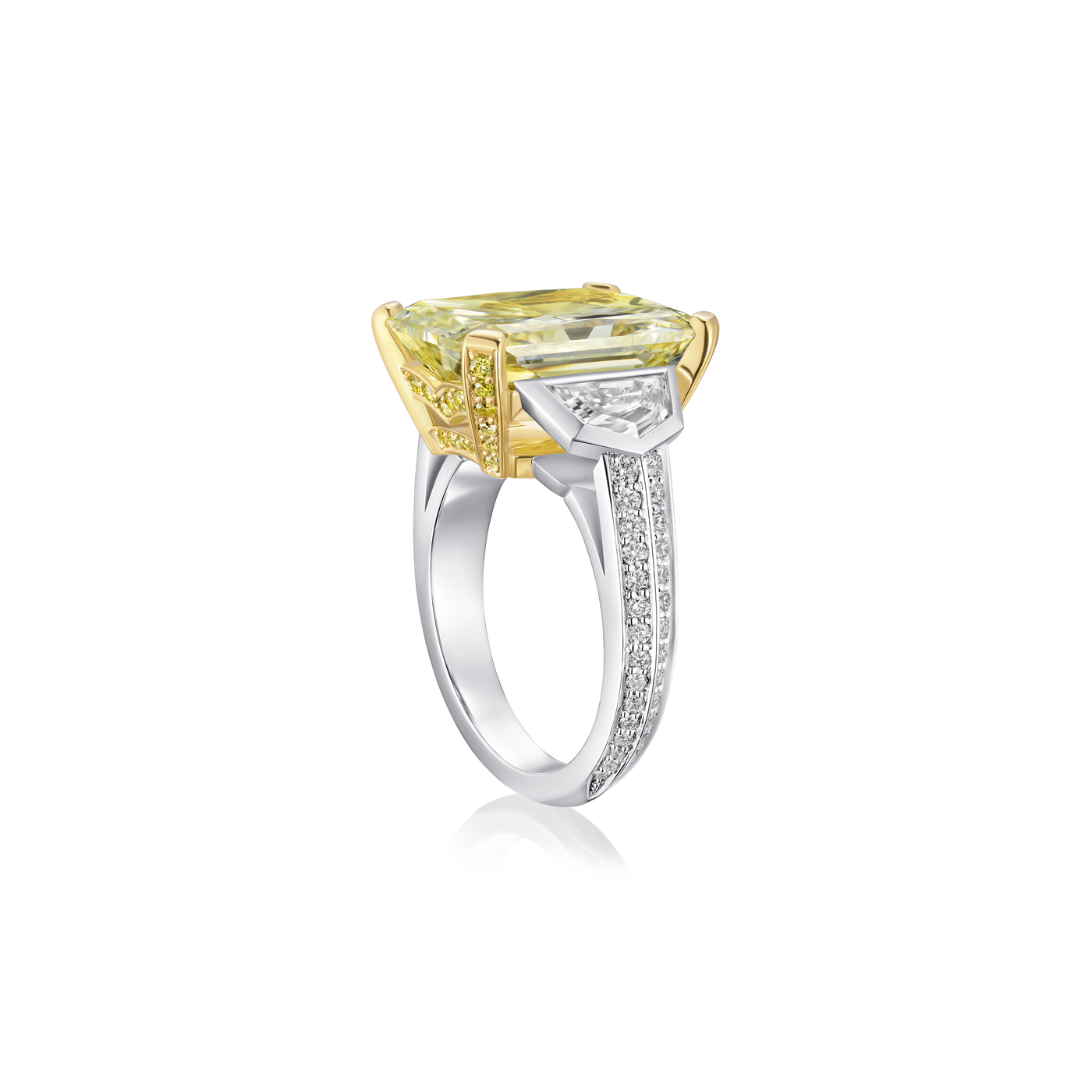 9.56ct Radiant Cut Yellow Diamond Three Stone Ring