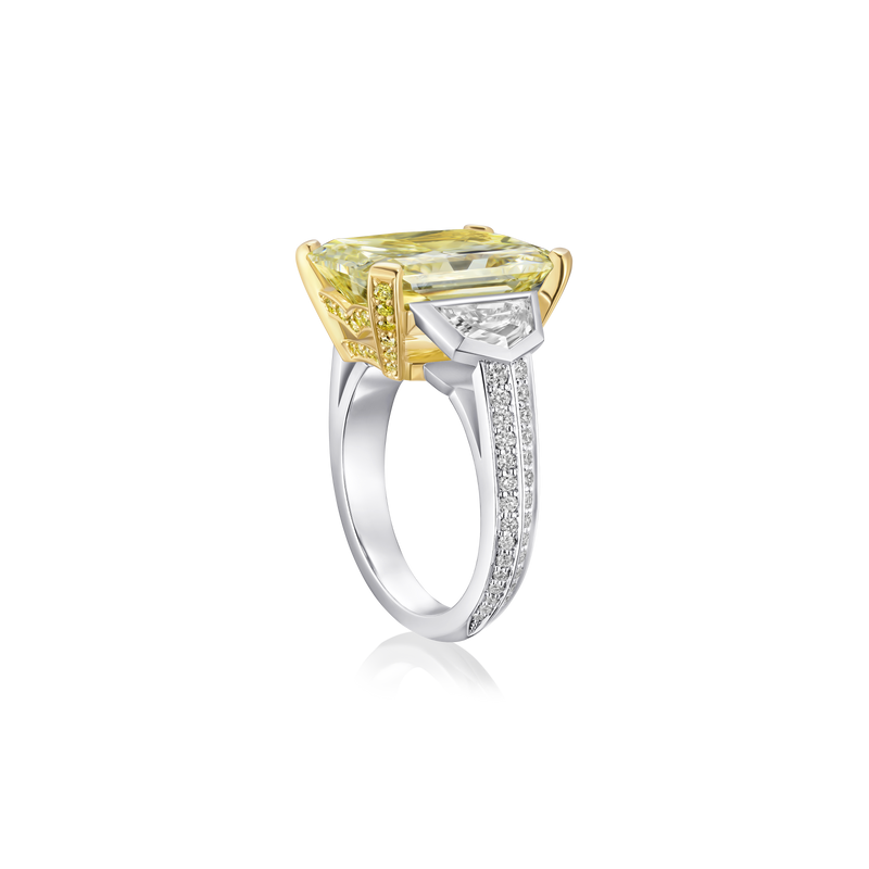 9.56cts Radiant Cut Yellow Diamond Three Stone Ring