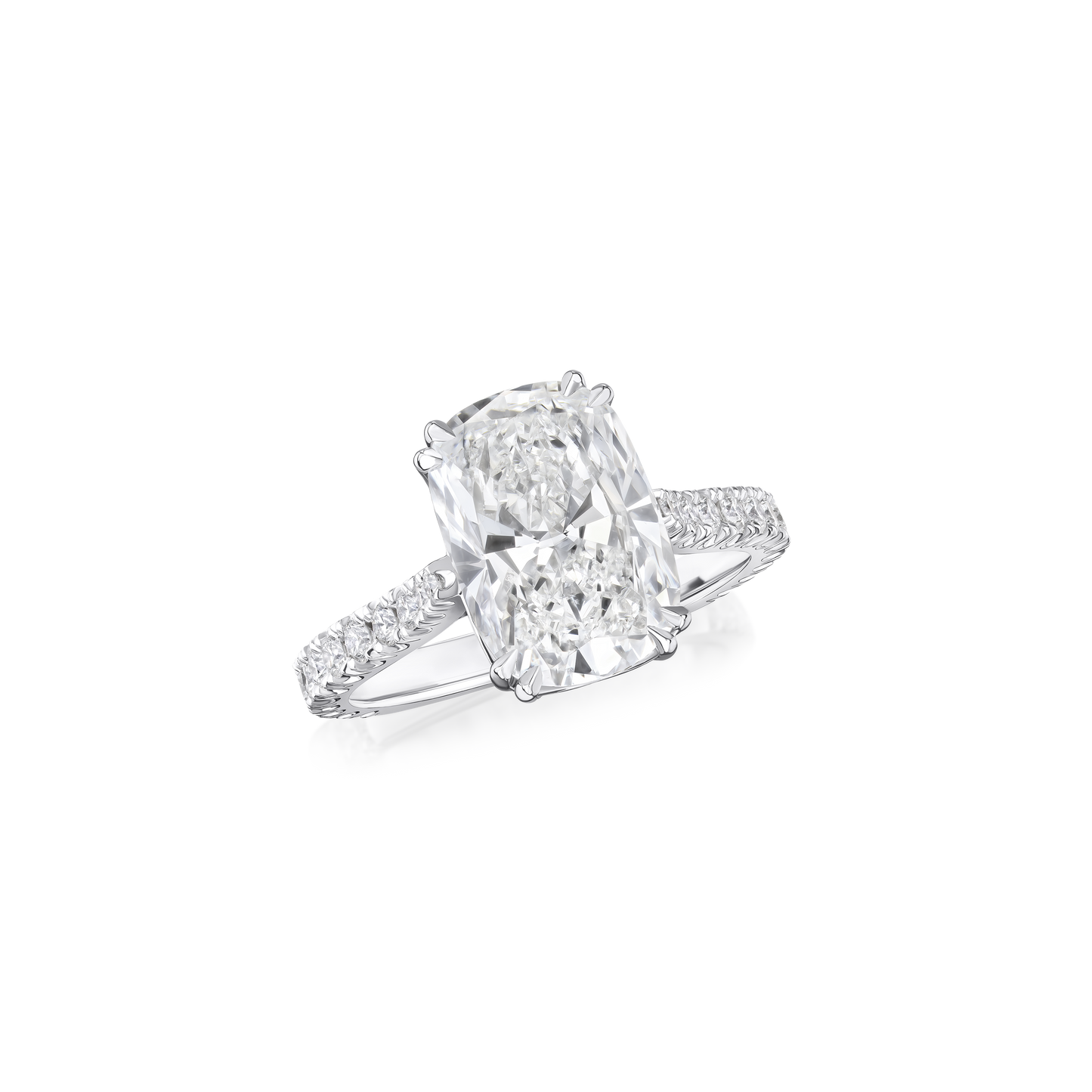 3.84cts Cushion Cut Diamond Ring With Diamond Set Shoulders and Bezels