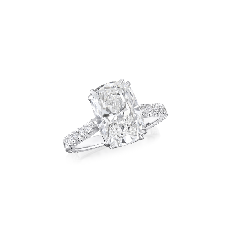 3.84cts Cushion Cut Diamond Ring With Diamond Set Shoulders and Bezels