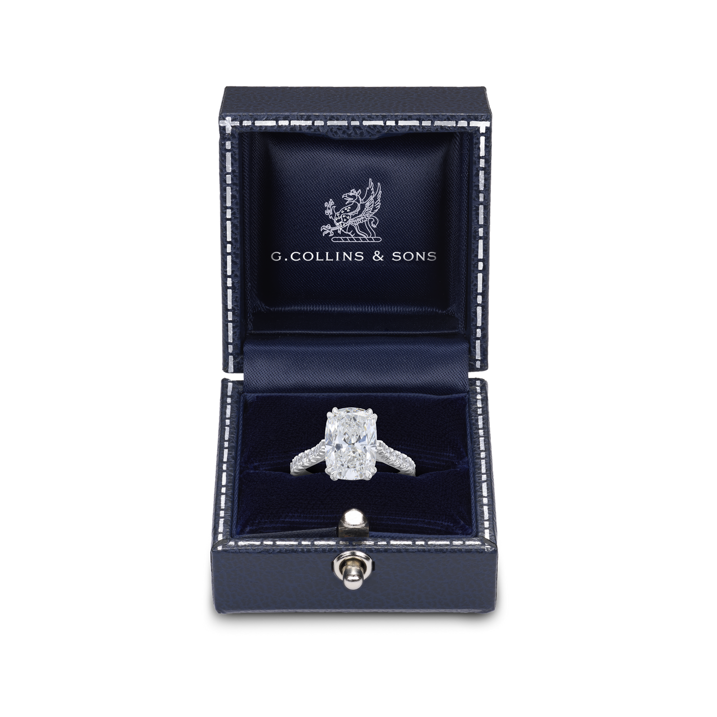 3.84cts Cushion Cut Diamond Ring With Diamond Set Shoulders and Bezels