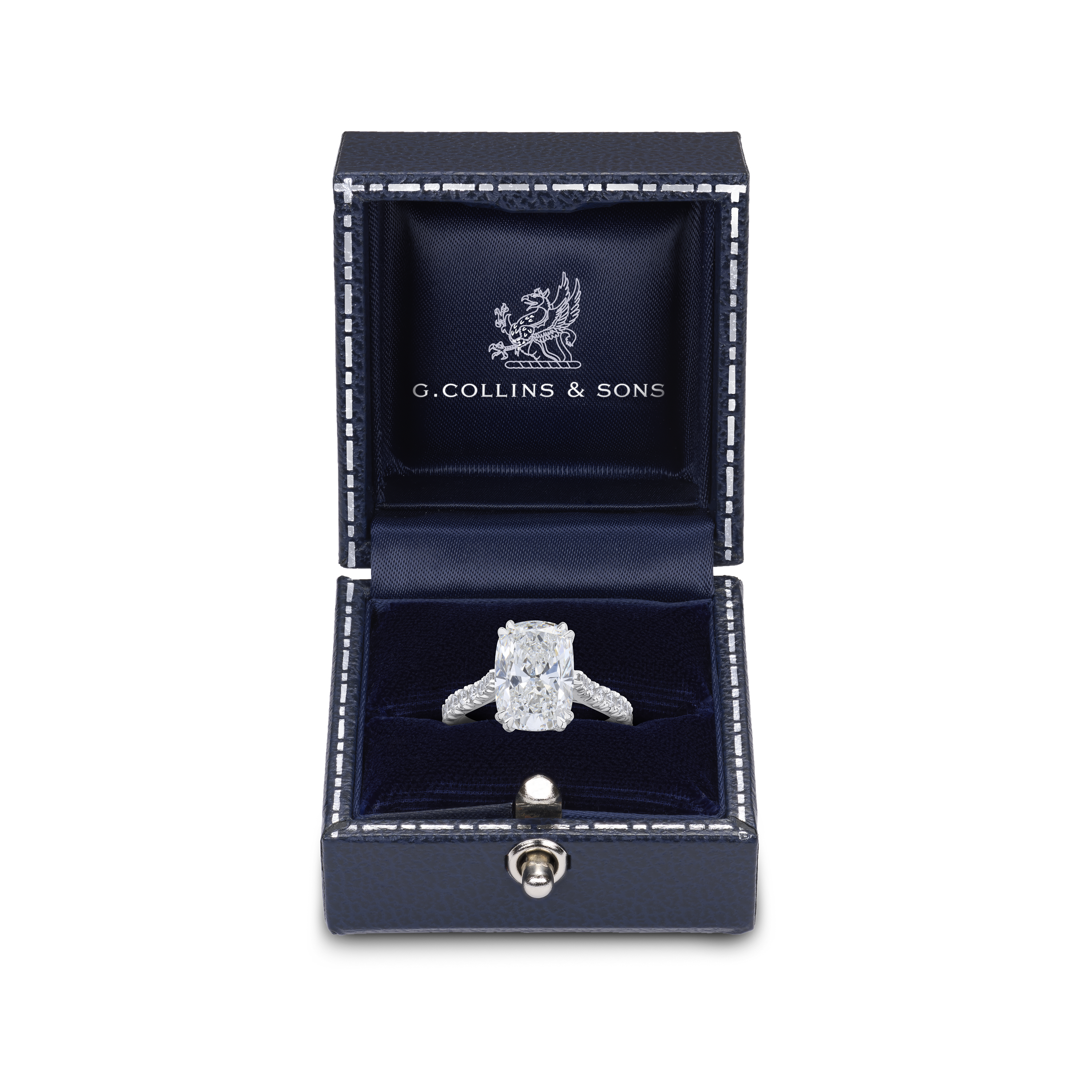 3.84cts Cushion Cut Diamond Ring With Diamond Set Shoulders and Bezels