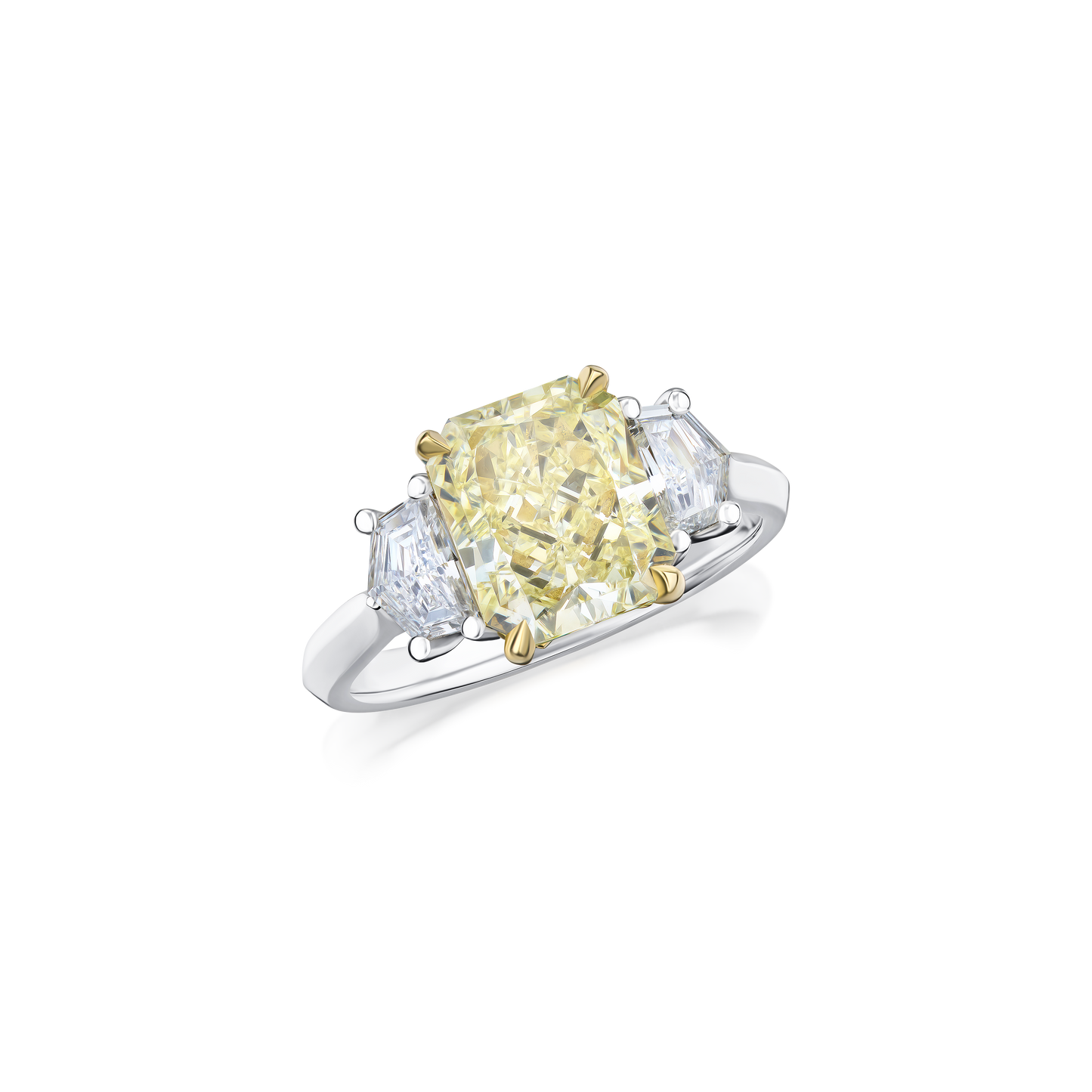 3.16cts Radiant Cut Fancy Yellow Diamond Three Stone Ring