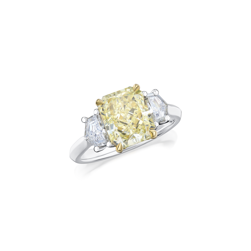 3.16cts Radiant Cut Fancy Yellow Diamond Three Stone Ring
